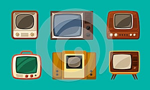 First retro televisions set. Vintage tube brown gadgets with small screen old compact equipment with analogue signal