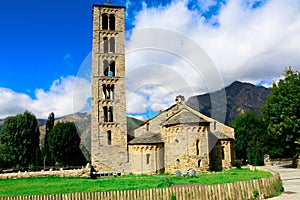 First Romanesque church of Sant Climent (tower and apses) in the village of Taull in Spain