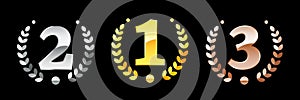 First, second, third place icons. Gold Silver Bronze award. Awards to winners. Vector eps 10