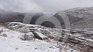 First snow in autumn on Sognefjellet mountain pass in Norway