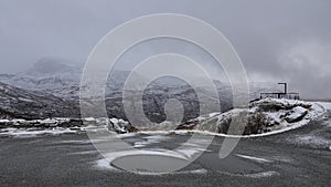 First snow in autumn on Sognefjellet mountain pass in Norway