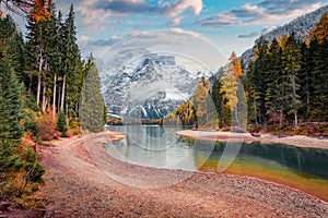 First snow on Braies Lake.