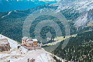 First snow in Dolomites, Rosegarten, refugio Vajolet. Beauty world photo