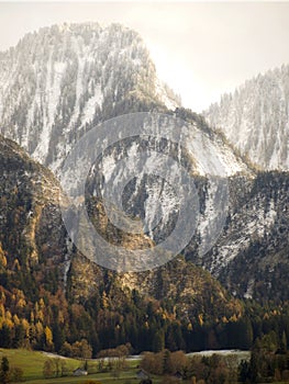 First snow in Landquart mountains in Switzerland.