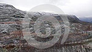 First snow on Sognefjellet mountain pass in Norway