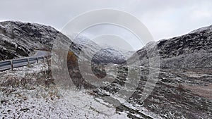 First snow on Sognefjellet mountain pass road in Norway