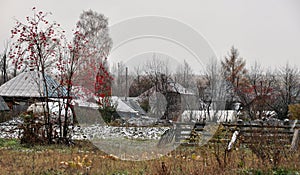 The first snow in the village. Autumn weather in the Perm region Western Urals.