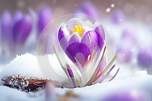 First spring flowers. Blooming purple crocus flower covered snow, macro. Generative AI