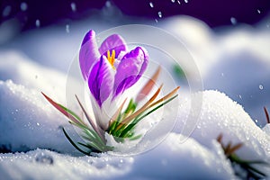 First spring flowers. Blooming purple crocus flower covered snow, macro. Generative AI