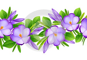 First spring flowers. Seamless spring pattern of purple crocuses, green leaves and fresh grass. Floral decor. Eps 10