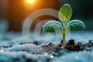 The first sprouts of new life in spring, snowdrop growing in the snow, green plant leaves in springtime, seed germination,