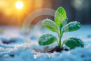 The first sprouts of new life in spring, snowdrop growing in the snow, green plant leaves in springtime, seed germination,