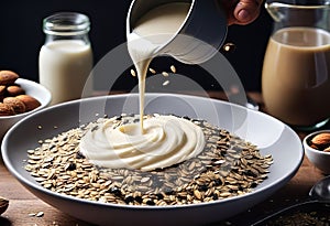 the first stage of preparing oatmeal with salted caramel and melted dark chocolate as a filling,