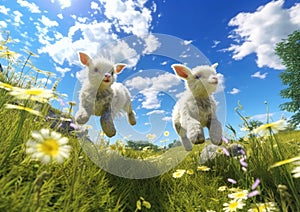 The First Steps of Life: Two Lambs Running in a Field of Grass and Flowers