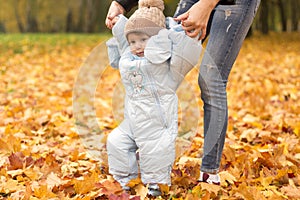 First steps of little kid in autumn park. Mother teaching her cute little son to walk.