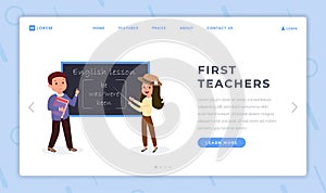 First teachers landing page flat template. English classes and foreign language courses website homepage layout. Tutor