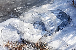 First thin cracked ice on river or lake, abstract winter natural background