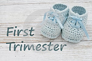 First Trimester message with blue baby booties photo
