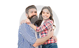 The first true love a girl has is her dad. Happy dad and adorable little daughter hugging and smiling. Bearded dad and