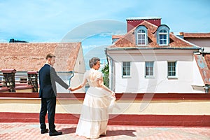 First wedding dance.wedding couple dances on the roof. Wedding day. Happy young bride and groom on their wedding day.