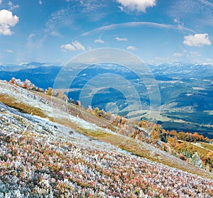 First winter snow and autumn colourful foliage on mountain