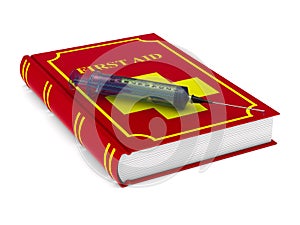 Firstaid book on white background. Isolated 3D illustration