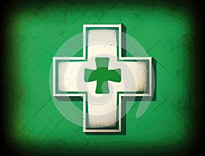 A firstaid symbol of a white cross on a green background. AI generation