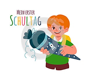 A firstgrader boy holding a school cone,schultuete.Text in German-my first day of school.Enrolment,german tradition.