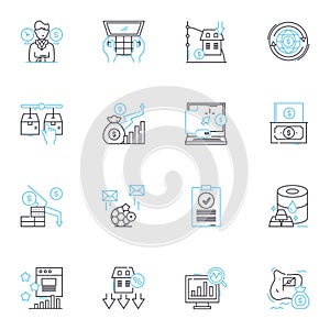 Fiscal dilemma linear icons set. Budget, Debt, Deficit, Taxes, Inflation, Spending, Revenue line vector and concept