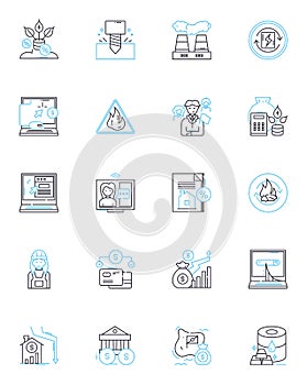 Fiscal dilemma linear icons set. Budget, Debt, Deficit, Taxes, Inflation, Spending, Revenue line vector and concept