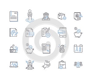 Fiscal management line icons collection. Budget, Expenses, Revenue, Accounting, Audit, Debt, Investment vector and