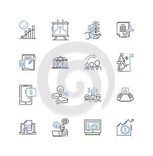 Fiscal management line icons collection. Budgeting, Accounting, Expenses, Taxes, Investments, Revenue, Profit vector and