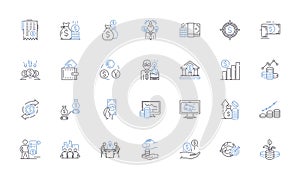 Fiscal management line icons collection. Budgeting, Forecasting, Accounting, Auditing, Taxation, Planning, Analysis