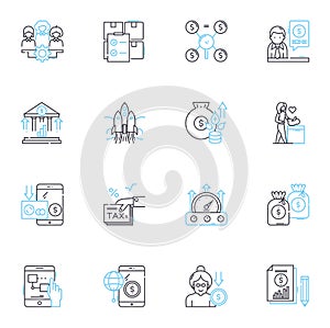 Fiscal planning linear icons set. Budgeting, Forecasting, Analysis, Savings, Investment, Expenses, Income line vector
