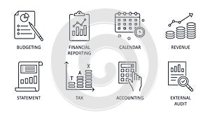 Fiscal year vector icons. Business finance company signs. Editable stroke. Financial reporting budgeting statement revenue. photo