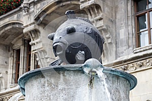Fischbrunnen fountain in front of the New City Hall of Munich at Marienplatz, Germany, 2015