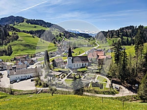 Fischenthal a small village in the Zurich Oberland. Beautiful Toesstal with a wonderful view of the mountains. church