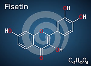 Fisetin molecule. It is plant flavonol from the flavonoid group of polyphenols. Structural chemical formula on the dark blue