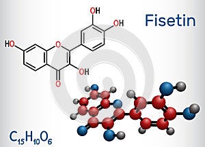 Fisetin molecule. It is plant flavonol from the flavonoid group of polyphenols. Structural chemical formula and molecule model