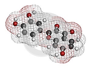 Fisetin plant polyphenol molecule. 3D rendering.