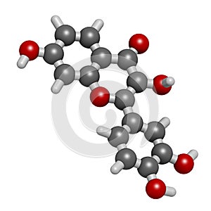 Fisetin plant polyphenol molecule. 3D rendering. Atoms are represented as spheres with conventional color coding: hydrogen white