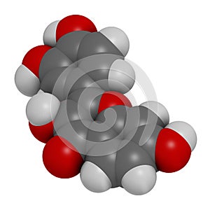 Fisetin plant polyphenol molecule. 3D rendering. Atoms are represented as spheres with conventional color coding: hydrogen white