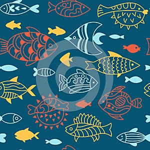 Fish abstract tropical doodle seamless pattern linear exotic aquarium animals boundless art ornament