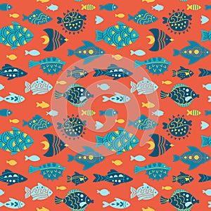 Fish abstract tropical ornamental seamless pattern nautical repeat exotic animal boundless wallpaper