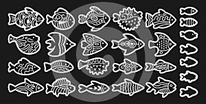 Fish abstract tropical ornaments doodle set linear exotic aquarium nautical stylized cartoon element