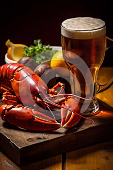 snack crayfish crab crawfish glass food tasty seafood beer background red. Generative AI.