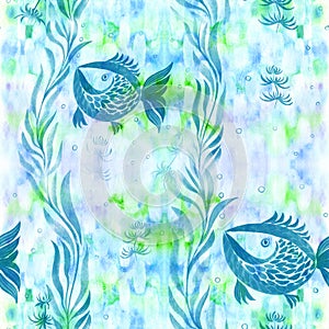 Fish, algae, vesicles - decorative composition. Watercolor. Seamless pattern. Use printed materials, signs, items, websites, maps,