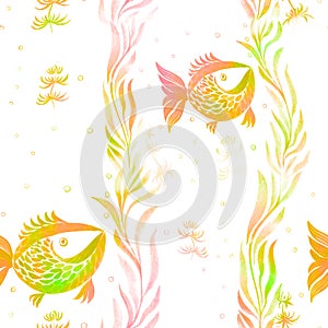 Fish, algae, vesicles - decorative composition. Watercolor. Seamless pattern. Use printed materials, signs, items, websites, maps,