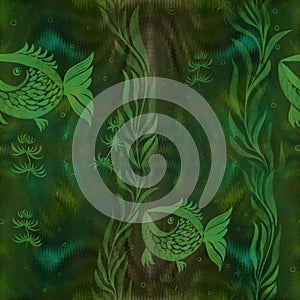 Fish, algae, vesicles - decorative composition. Watercolor. Seamless pattern. Use printed materials, signs, items, websites, maps,