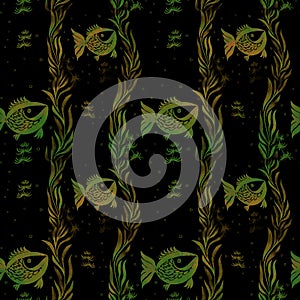 Fish, algae, vesicles - decorative composition. Watercolor. Seamless pattern. Use printed materials, signs, items, websites, maps,